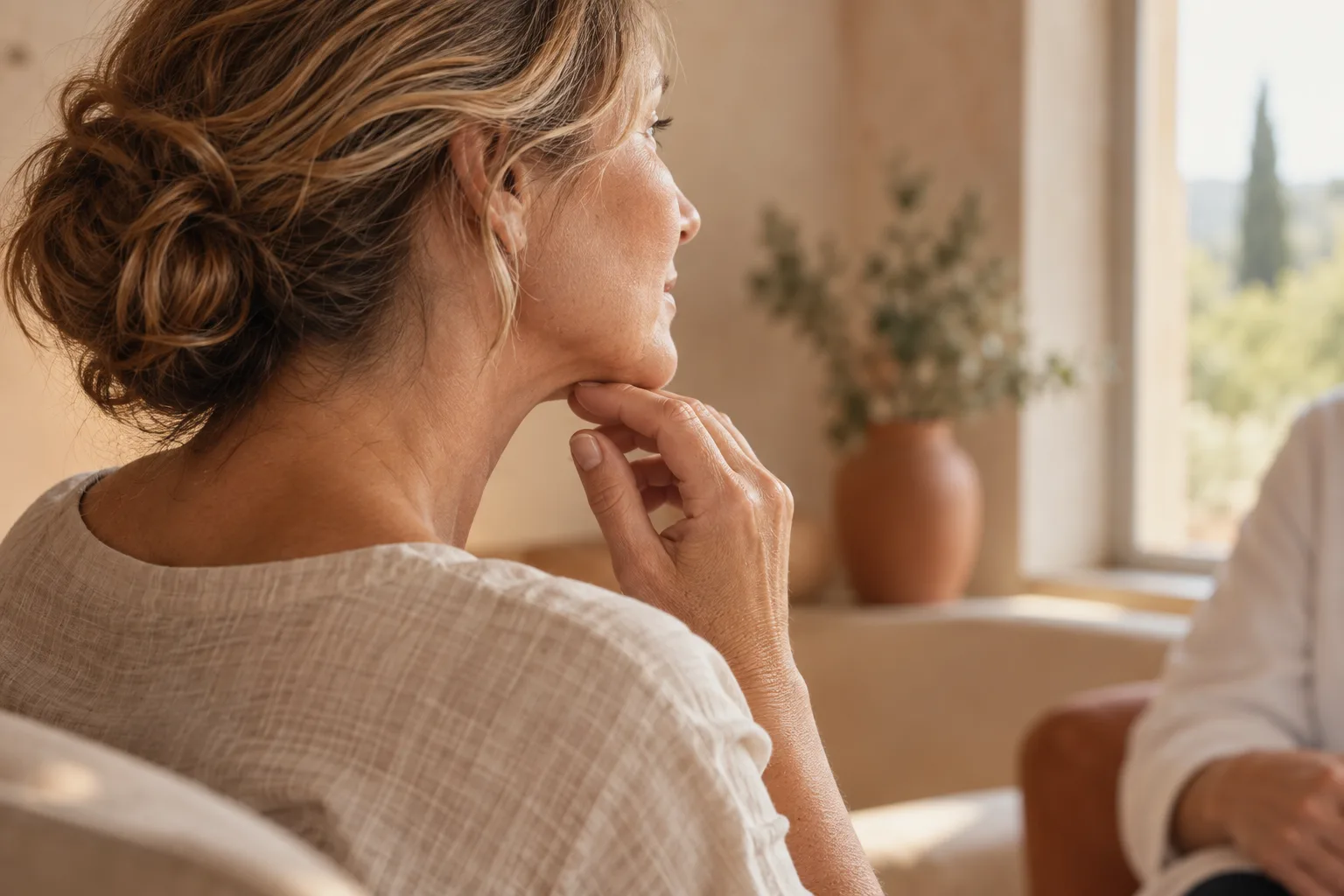 A woman seen from behind resting her chin on her hand in a sunlit room
