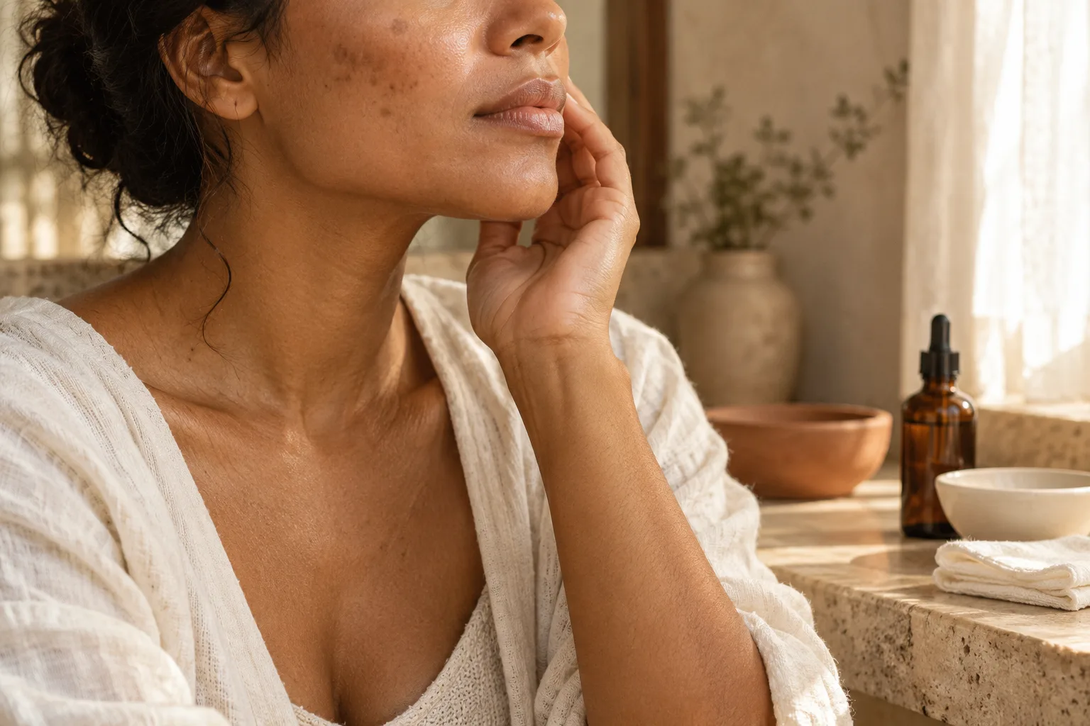 A woman with freckled skin touching her jaw beside a counter with an amber bottle and bowls