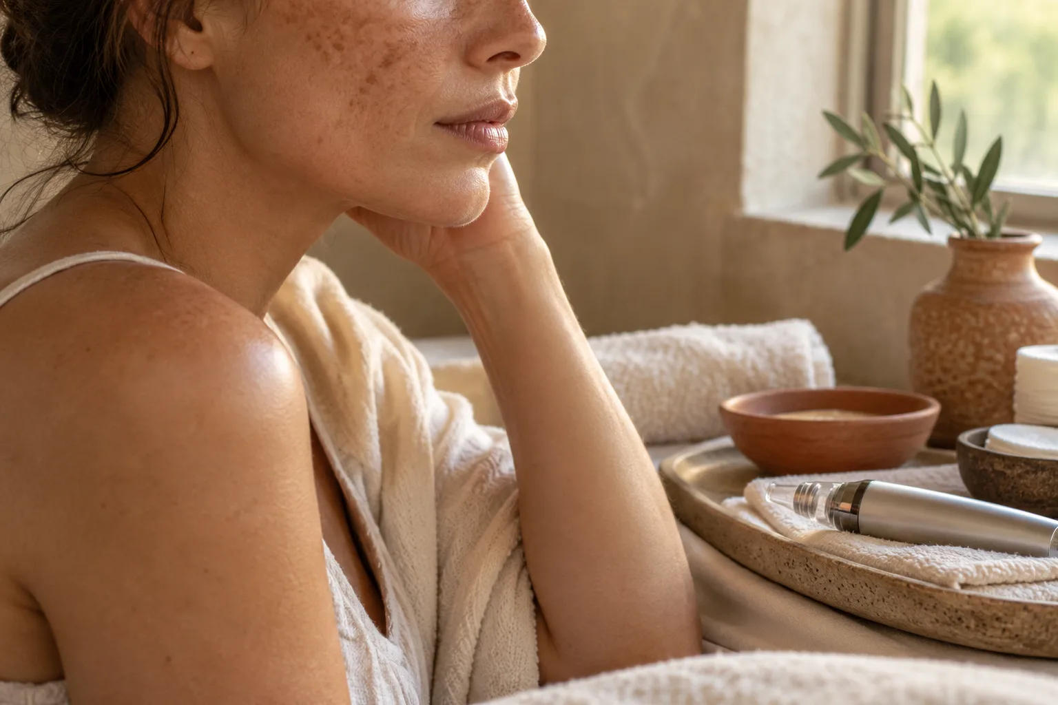 A woman with sun-freckled shoulders resting her cheek on her hand near a window