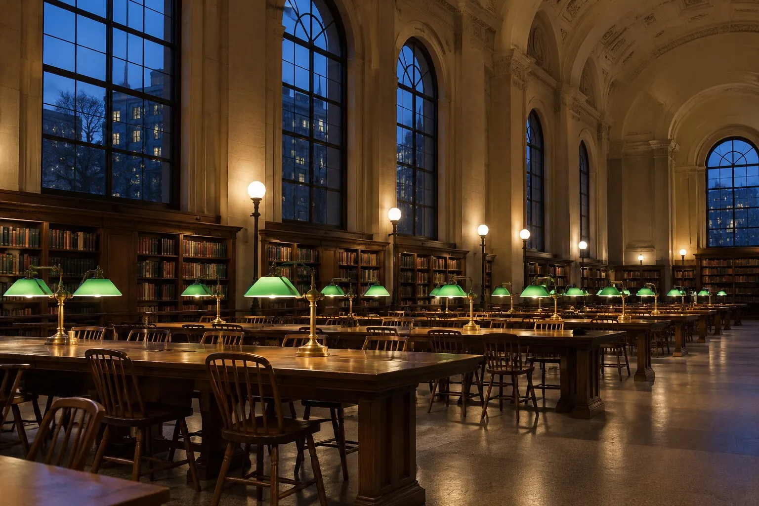 A library reading room with lit desk lamps in the evening