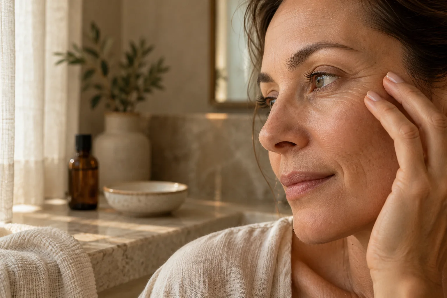 A woman touching the skin beside her eye in soft window light