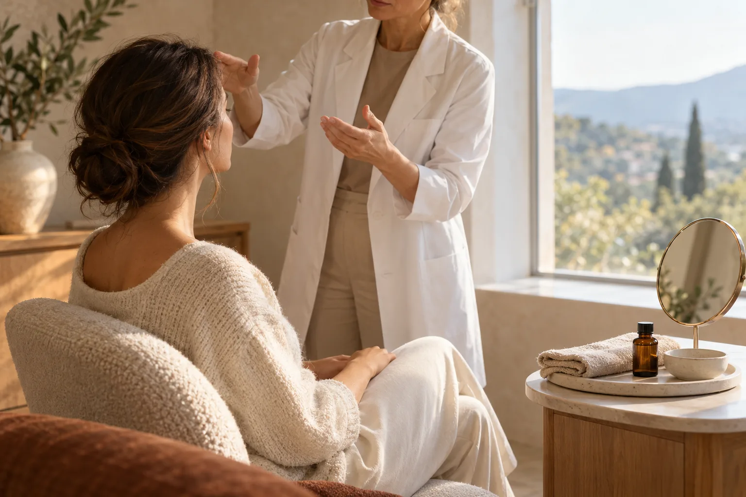 A practitioner in a white coat talking with a seated woman in a bright consultation room