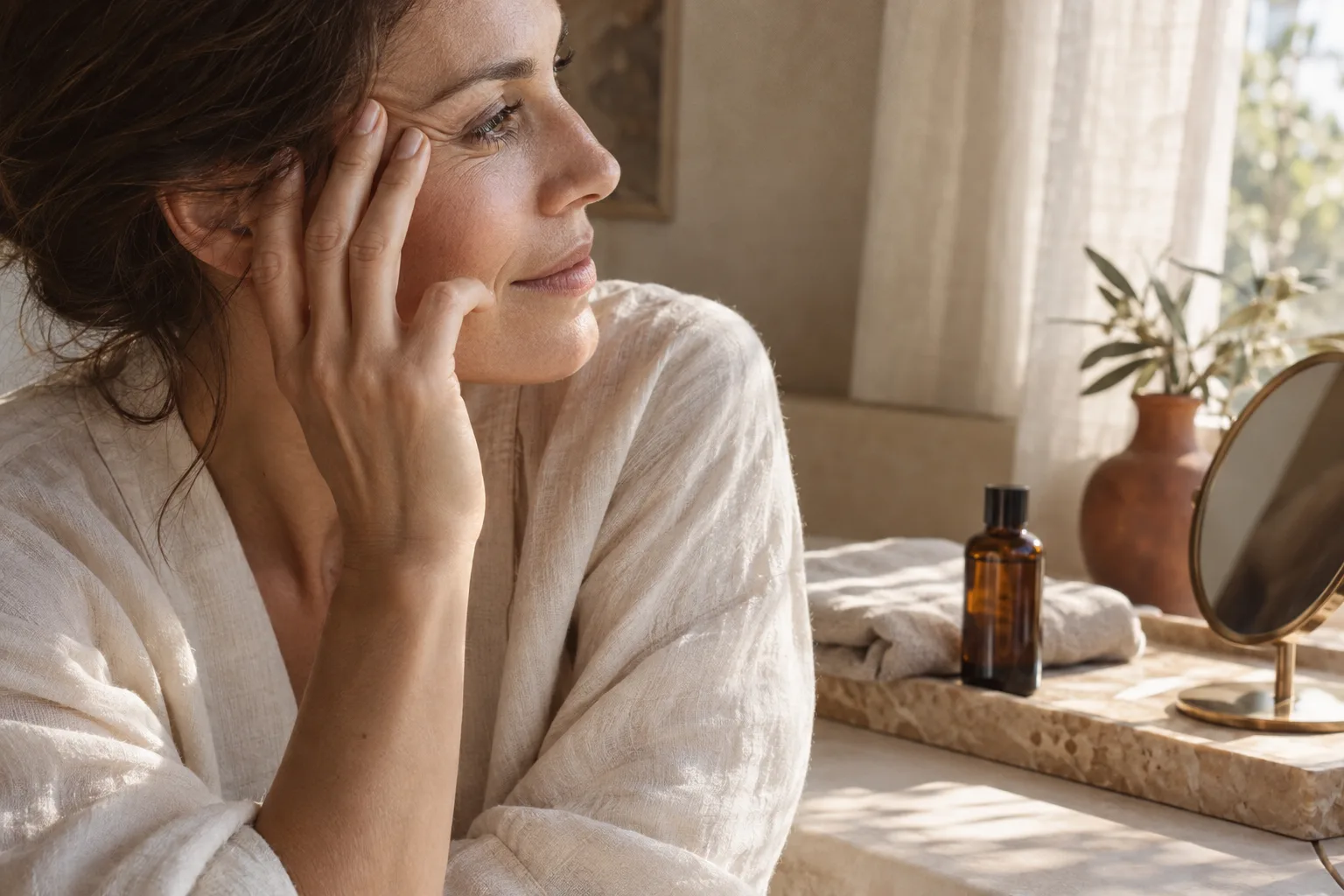 A woman touching her temple at a vanity with a small mirror and amber bottle