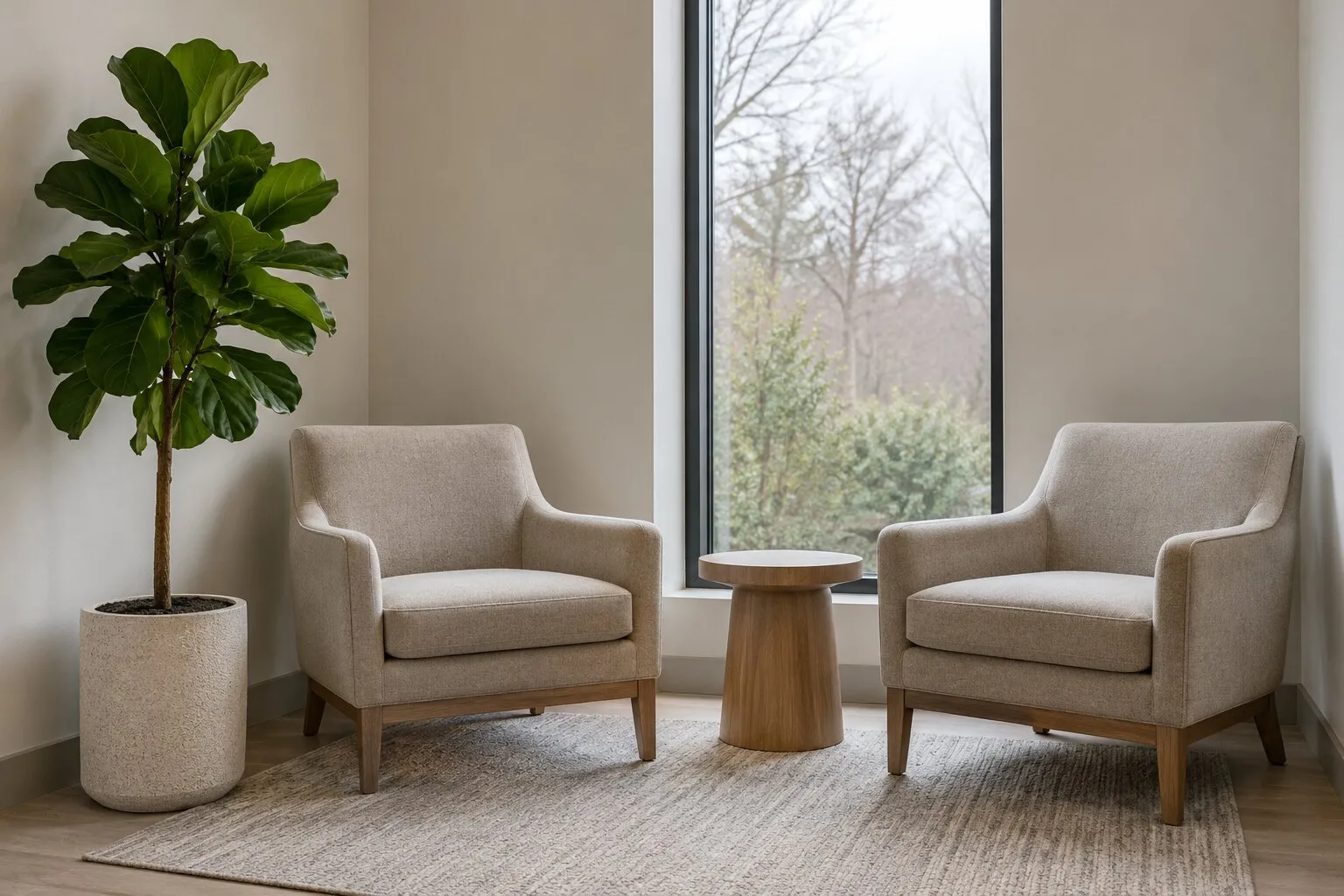 A quiet waiting room with two armchairs by a tall window